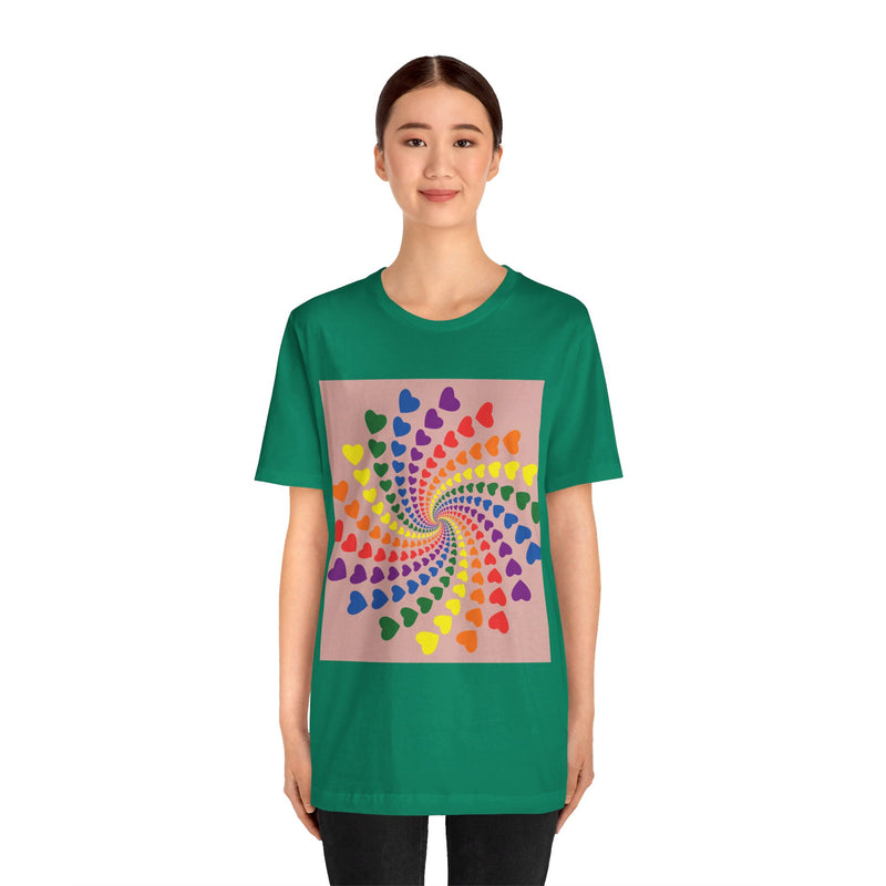 Rainbow of Hearts Spinning.  Unisex comfy casual t-shirt with short sleeves.