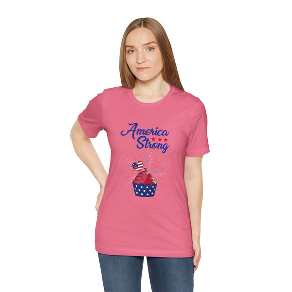 USA America Strong Cupcake with Sparkler.  Unisex comfy casual t-shirt with short sleeves.