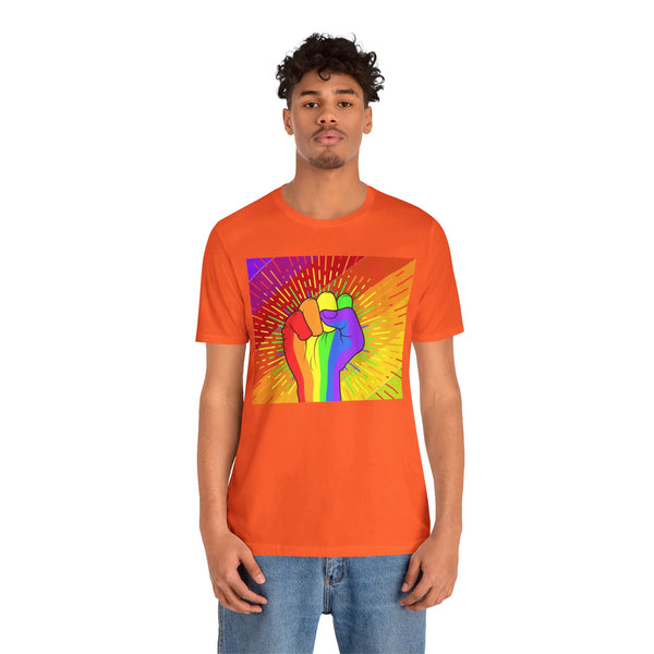 Pride Rainbow Fist Raised.  Unisex comfy casual t-shirt with short sleeves.