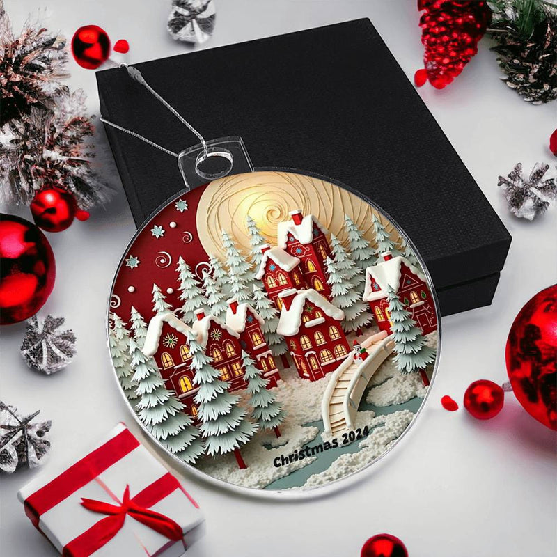 Acrylic Christmas Ornament Unique Holiday Ornament Christmas Town in the Mountains Snowy Winter SceneGift for Man Gift for Woman Gift for Anyone