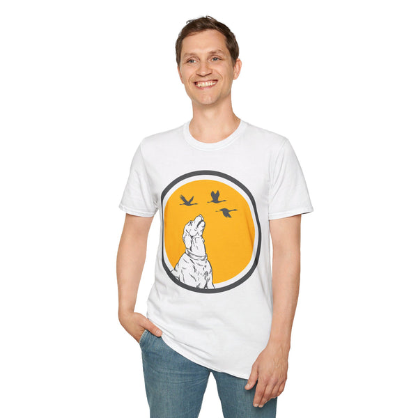 Circle Dog Watching Birds. Unisex comfy short sleeve t-shirt.