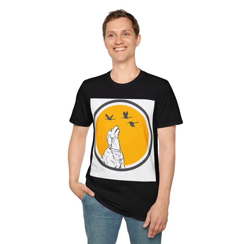 Circle Dog Watching Birds. Unisex comfy short sleeve t-shirt.