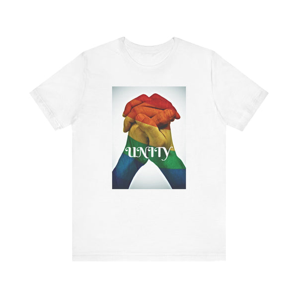 UNITY Rainbow Hands Entwined.  Unisex comfy casual t-shirt with short sleeves.