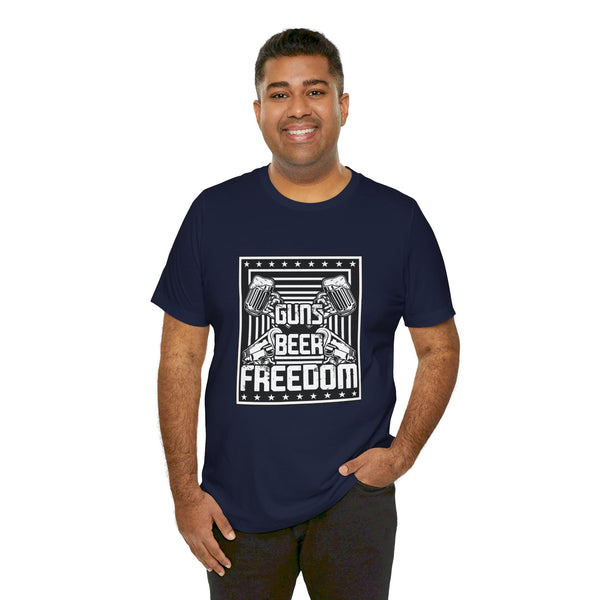 USA Guns, Beer, and Freedom.  Unisex comfy casual t-shirt with short sleeves.