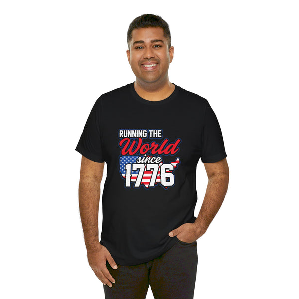 USA Running the World Since 1776.  Unisex comfy casual t-shirt with short sleeves.