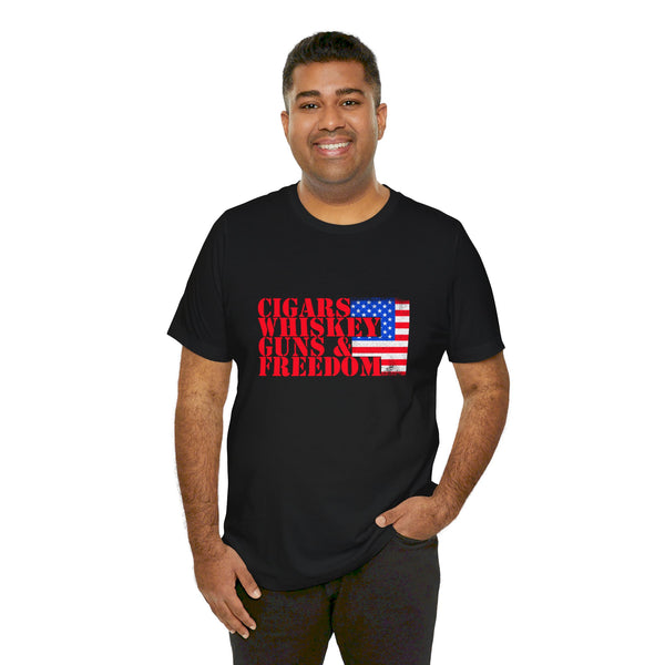 USA Cigars, Whiskey, Guns, and Freedom.  Unisex comfy casual t-shirt with short sleeves.