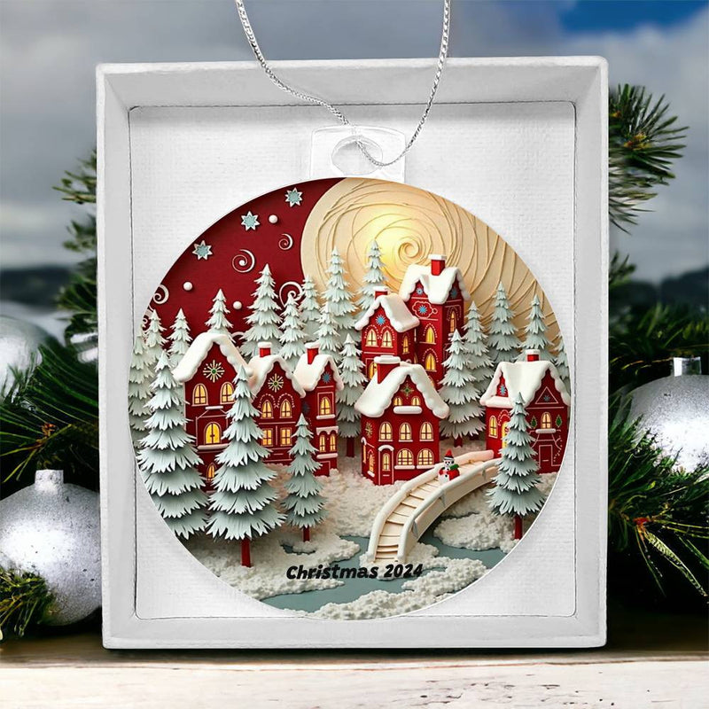 Acrylic Christmas Ornament Unique Holiday Ornament Christmas Town in the Mountains Snowy Winter SceneGift for Man Gift for Woman Gift for Anyone