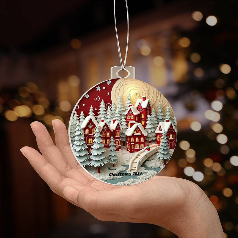 Acrylic Christmas Ornament Unique Holiday Ornament Christmas Town in the Mountains Snowy Winter SceneGift for Man Gift for Woman Gift for Anyone